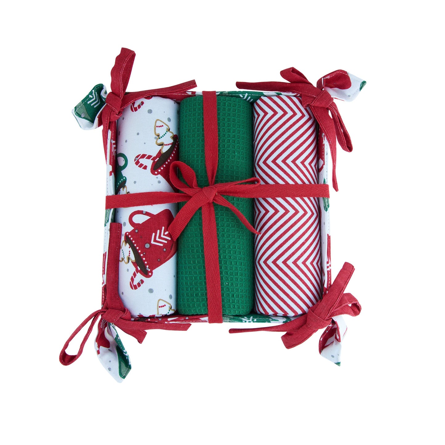 4 Piece Christmas Holiday Mugs Tea Towel & Bread Basket Set