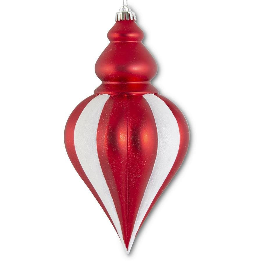 12in Red & White Glittered Striped Shatterproof Teardrop Finial