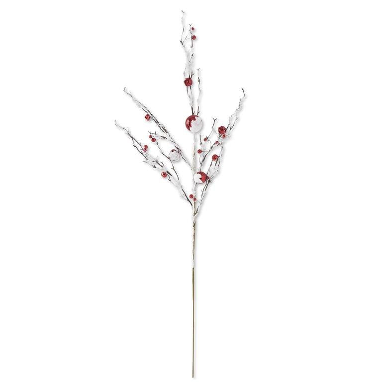 35in Glittered Flocked White Painted Branch with Red Ornaments Pick