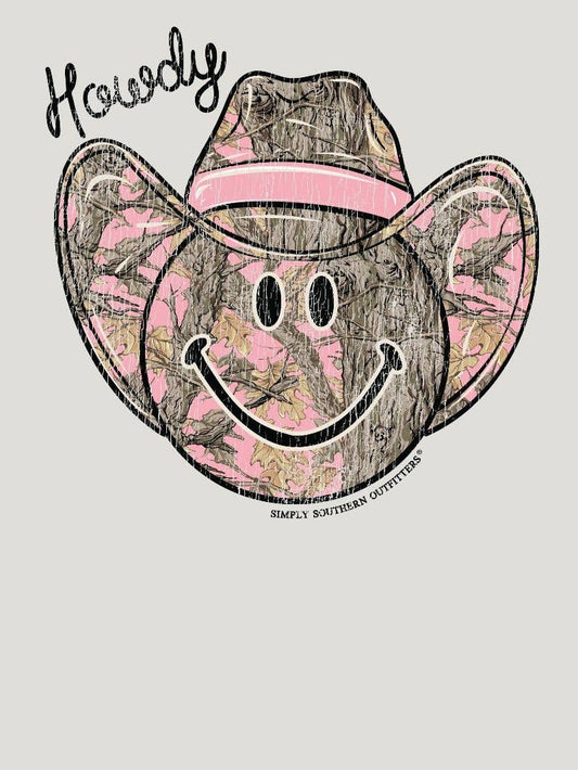 Howdy Pink Camo Cowboy Hat Smiley Face YOUTH-CREW-HOWDY-FLURRY Off White Long Sleeve Crew by Simply Southern