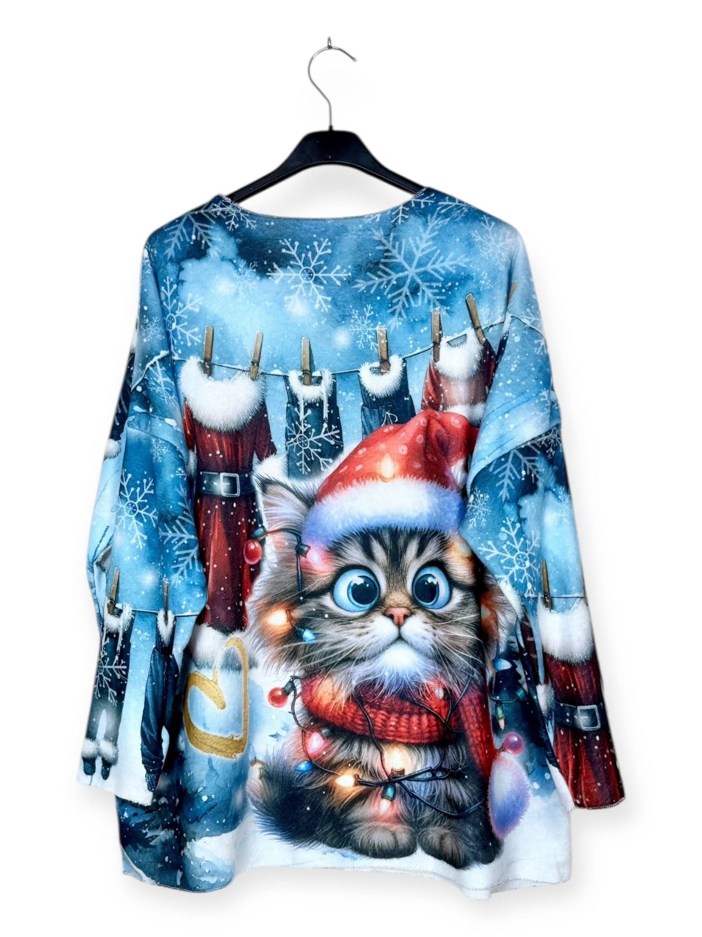 Christmas Cat V-Neck Sweater with Patterns