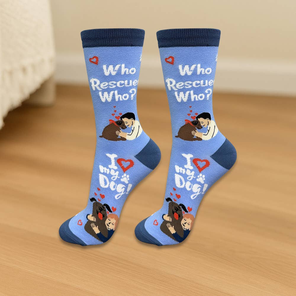 Who Rescued Who Socks- Fun Novelty Crew Socks - Unisex