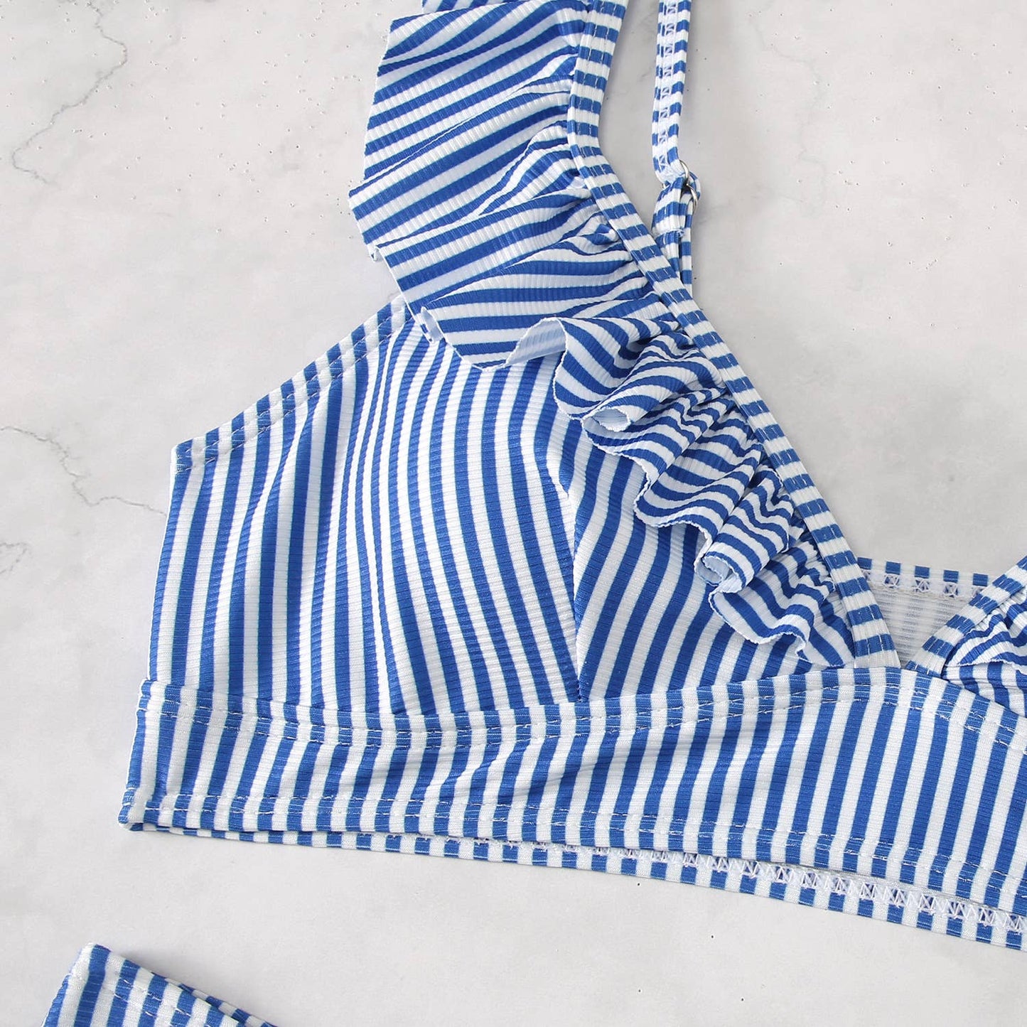 Striped High Waist V-neck Ruffled Bikini