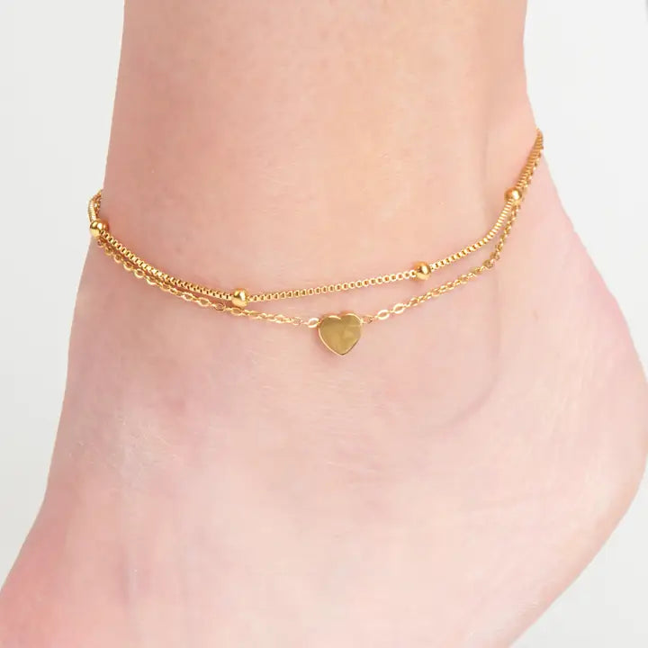 Dainty Heart 2 Rows Anklet Gold . L" 8 1/2. Narelle Waterproof Jewelry