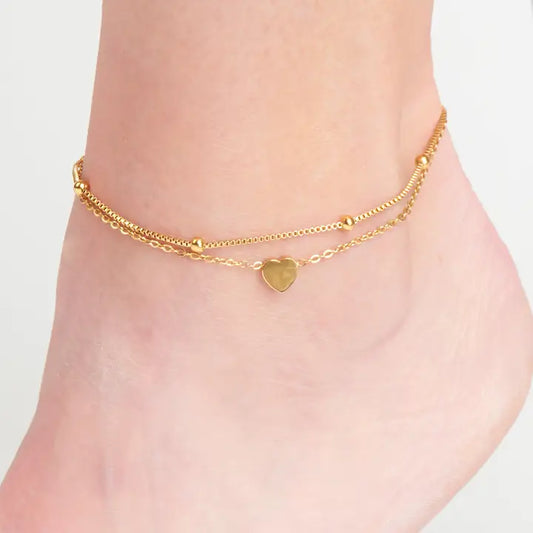 Dainty Heart 2 Rows Anklet Gold . L" 8 1/2. Narelle Waterproof Jewelry
