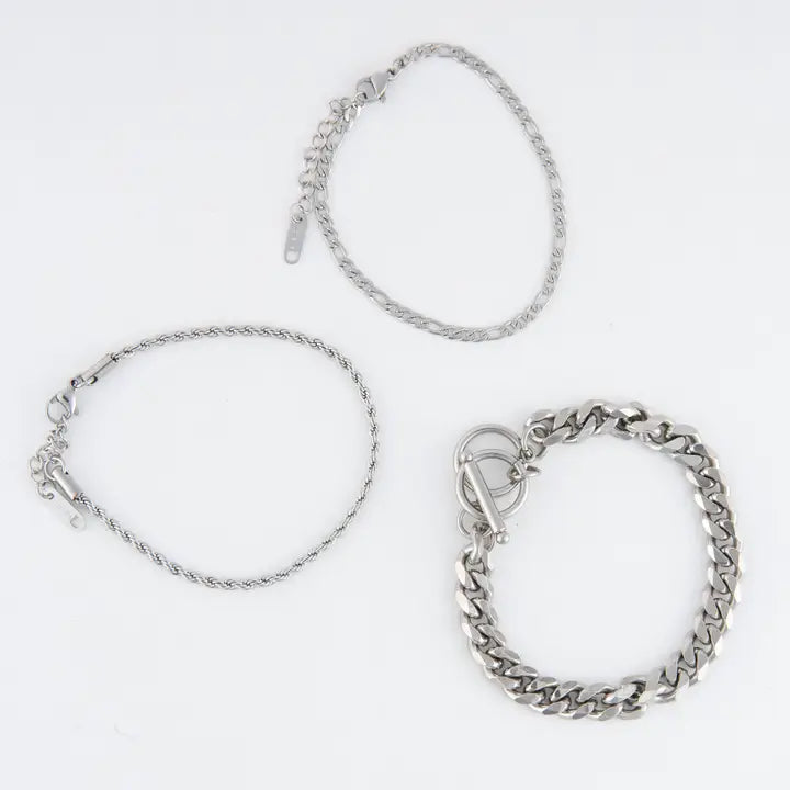 Chunky, Figaro and Dainty Chain Bracelet Set Extender" 11/2. L" 6 3/4 Narelle Waterproof Jewelry