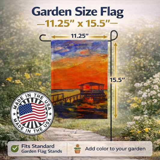 Sunset from the Dock at the pier Garden Flag – Decorative Outdoor Yard Flag