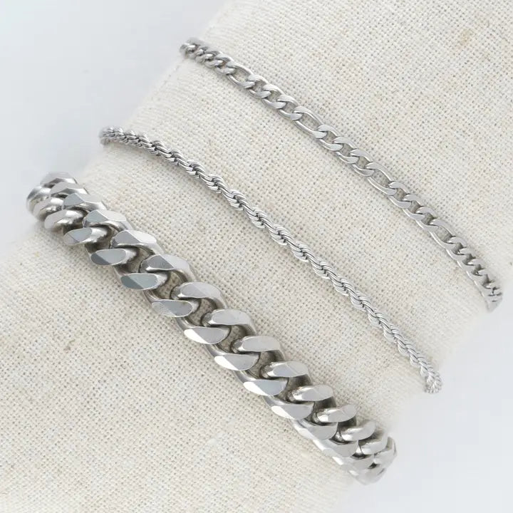Chunky, Figaro and Dainty Chain Bracelet Set Extender" 11/2. L" 6 3/4 Narelle Waterproof Jewelry