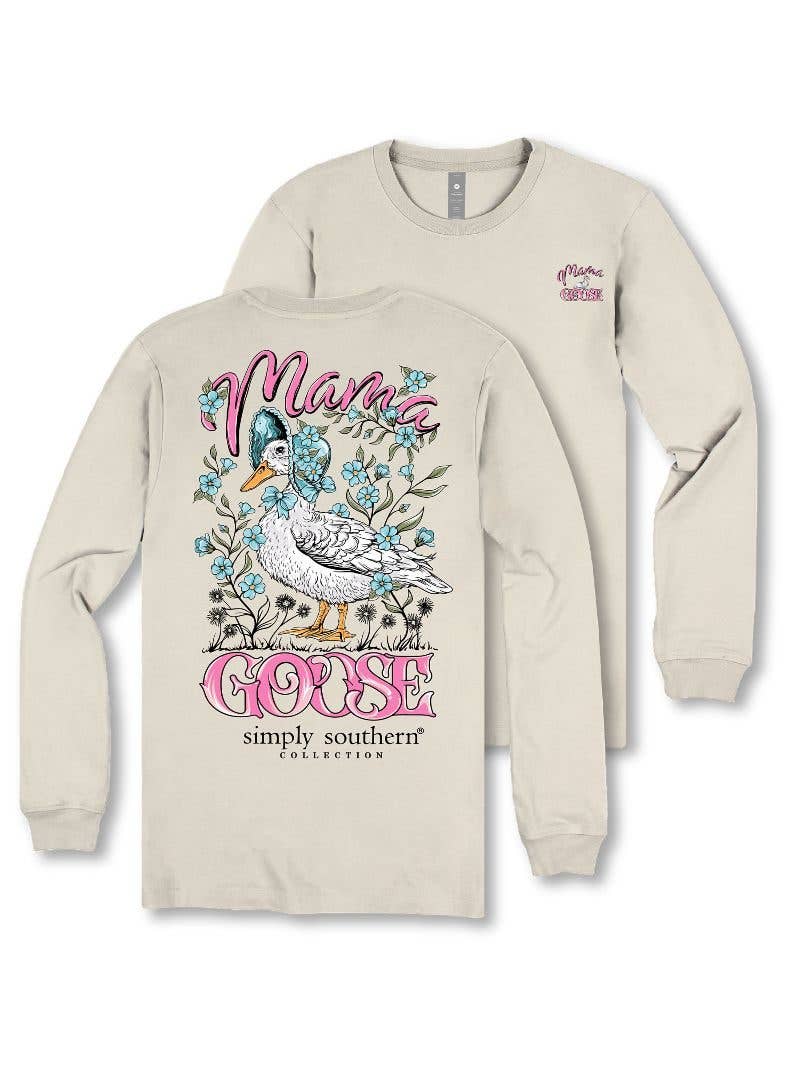 Mama Goose in Bonnet LS-MAMAGOOSE-LINEN Tan Long Sleeve Tee by Simply Southern
