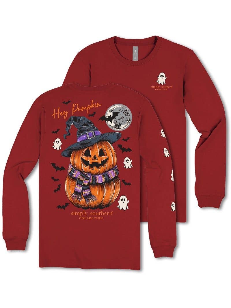 Hey Pumpkin YackOlantern Carmine Red Youth Long Sleeve Tee by Simply Southern YTH-LS-PMPKN-CARMINE