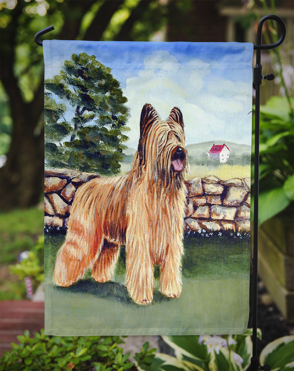 Briard by the stone fence Garden Flag – Decorative Outdoor Yard Flag