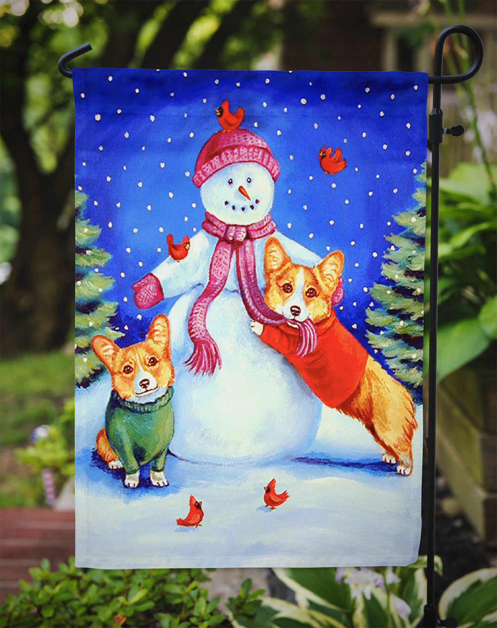 Snowman with Corgi Garden Flag – Decorative Outdoor Yard Flag
