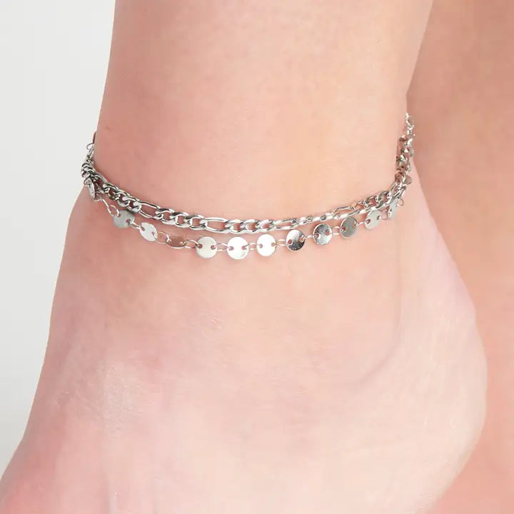 2 Rows Disc and Figaro Chain Anklet Si lver L" 8 1/2 Narelle Waterproof Jewelry