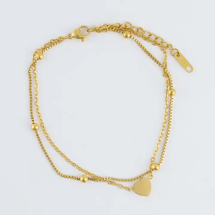 Dainty Heart 2 Rows Anklet Gold . L" 8 1/2. Narelle Waterproof Jewelry