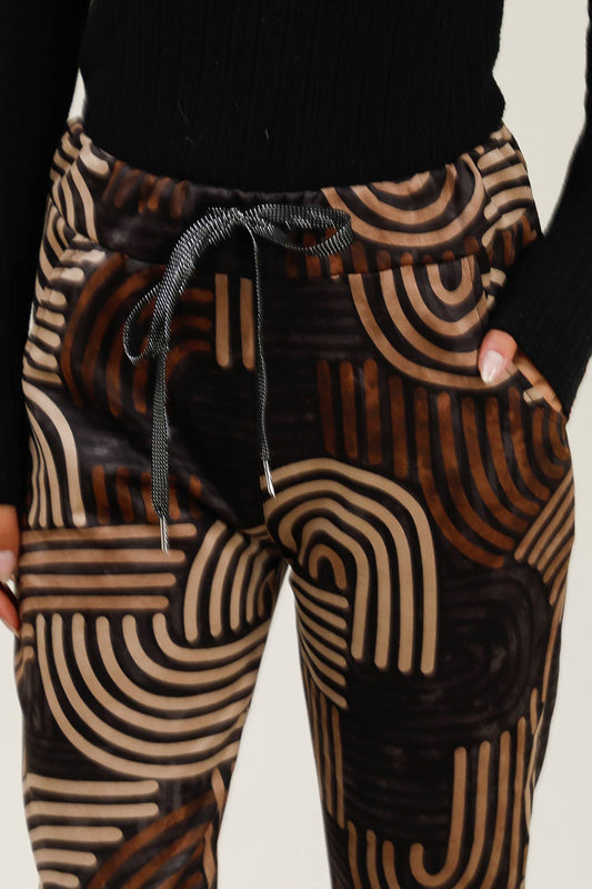 Brown & Tan Geo Patterned Jogger Pants: Pattern 1 One Size Fits Most