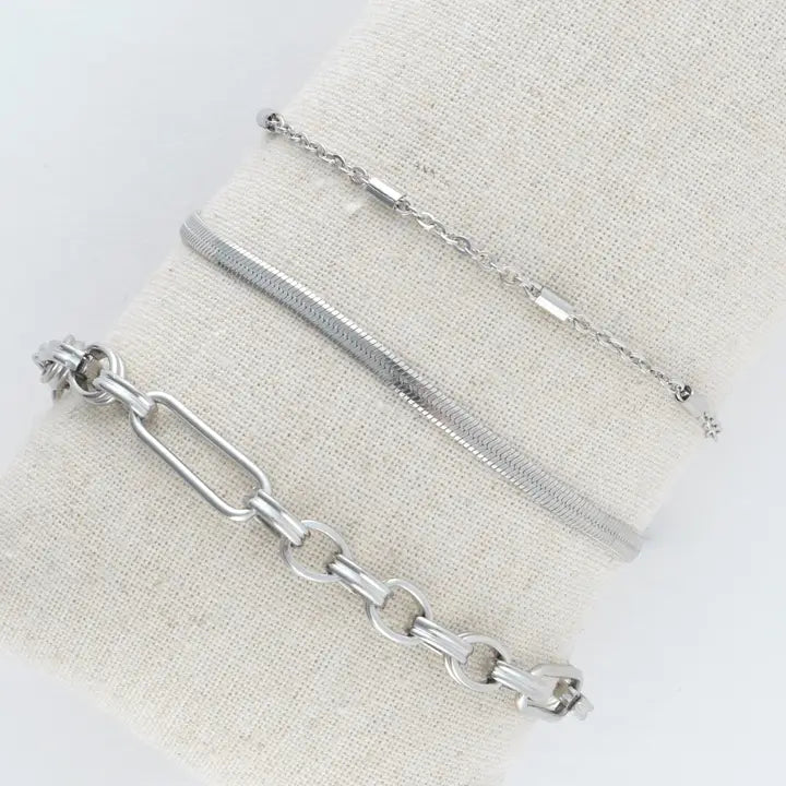 Multi Paper Clip, Snake and Dainty Chain Bracelet Set Extender" 11/2. L" 6 3/4 Narelle Waterproof Jewelry