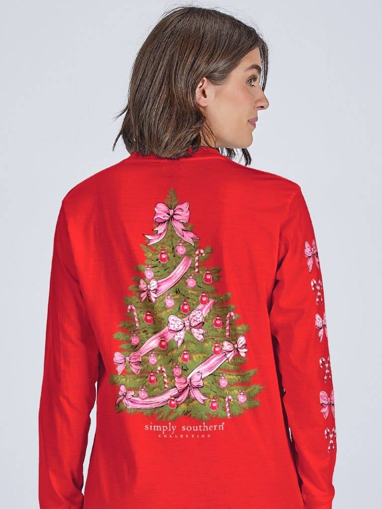 Pink & Red Decorated Christmas Tree Candy Canes & Bows LS-TREE-RED Long Sleeve Tee by Simply Southern