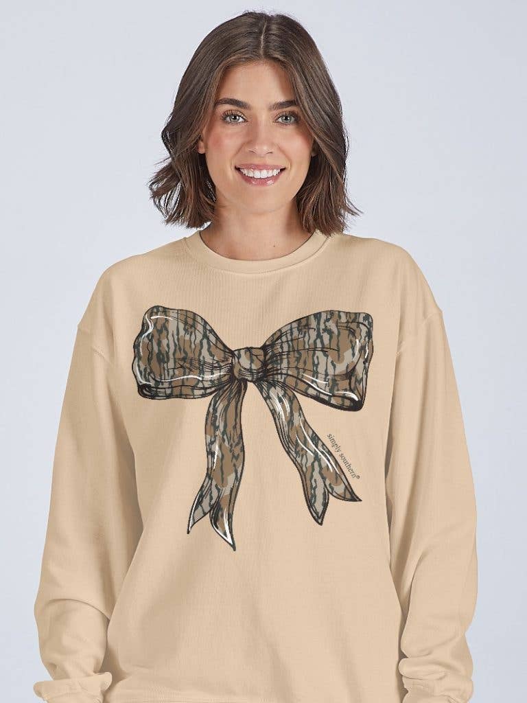Large Bow Camo Pattern CREW-BARK-SAND Cream Long Sleeve Crew by Simply Southern