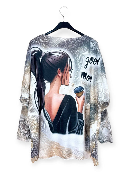 Brown/Black Haired Girl Good Mood Coffee V-Neck Sweater with Patterns
