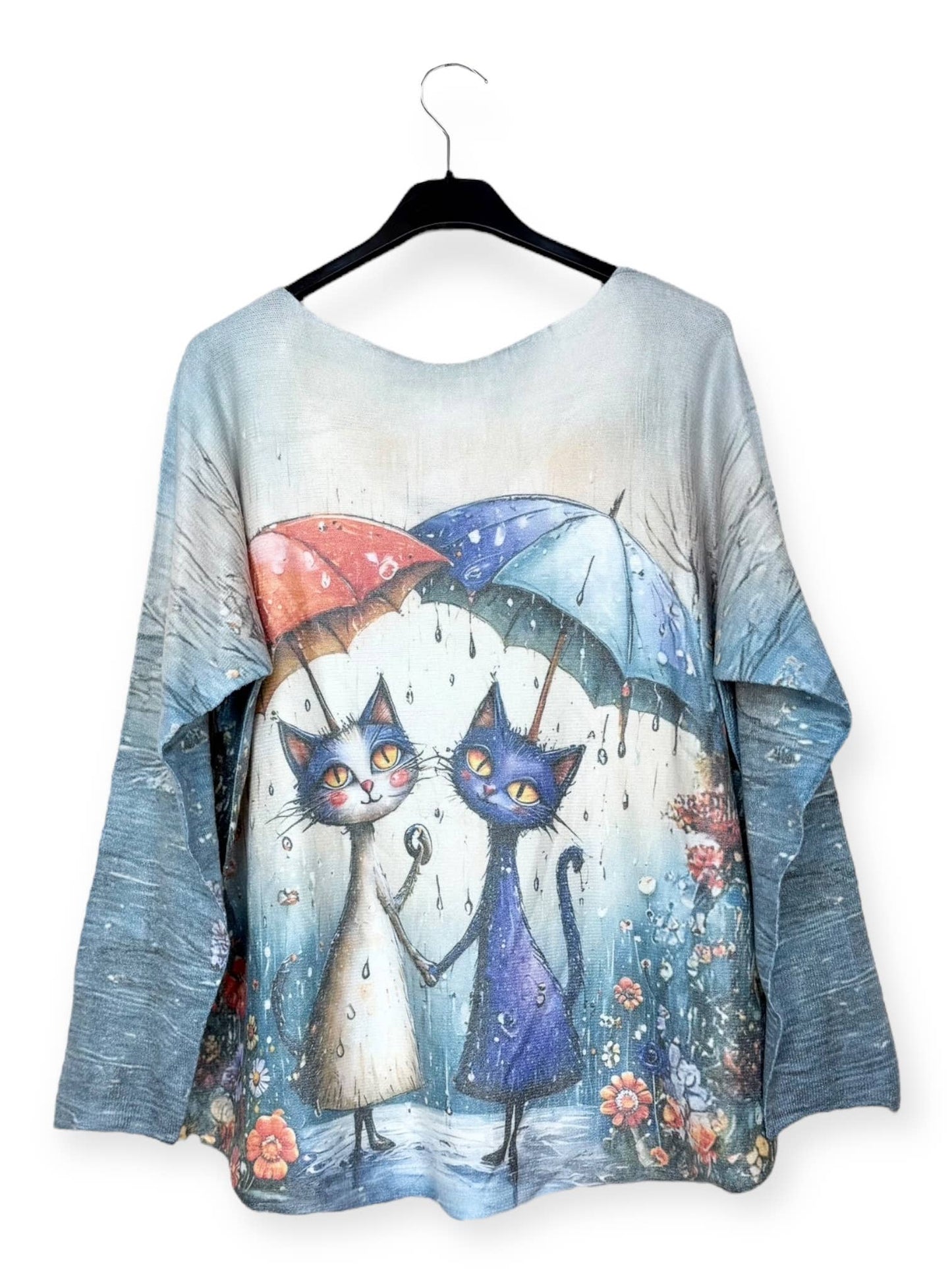 Cats in Rain Umbrella Print V-neck sweater with pattern, long sleeve