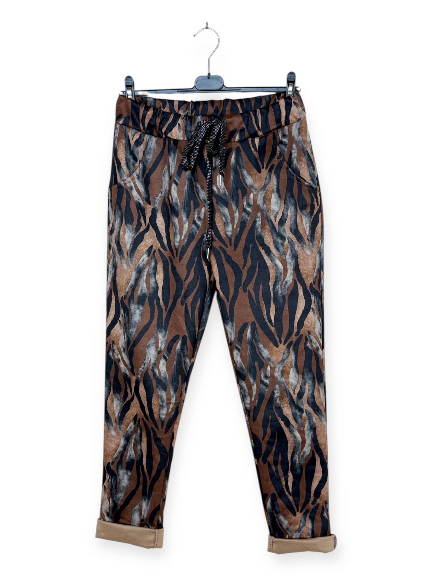 Tan Brown & Green Striped Floral Patterned Jogger Pants: Motif 20 One Size Fits Most