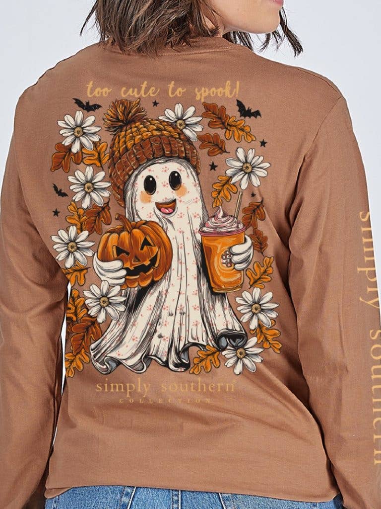Too Cute to Spook Ghost YOUTH-LS-GHOST-CHSTNT Brown Long Sleeve Tee by Simply Southern
