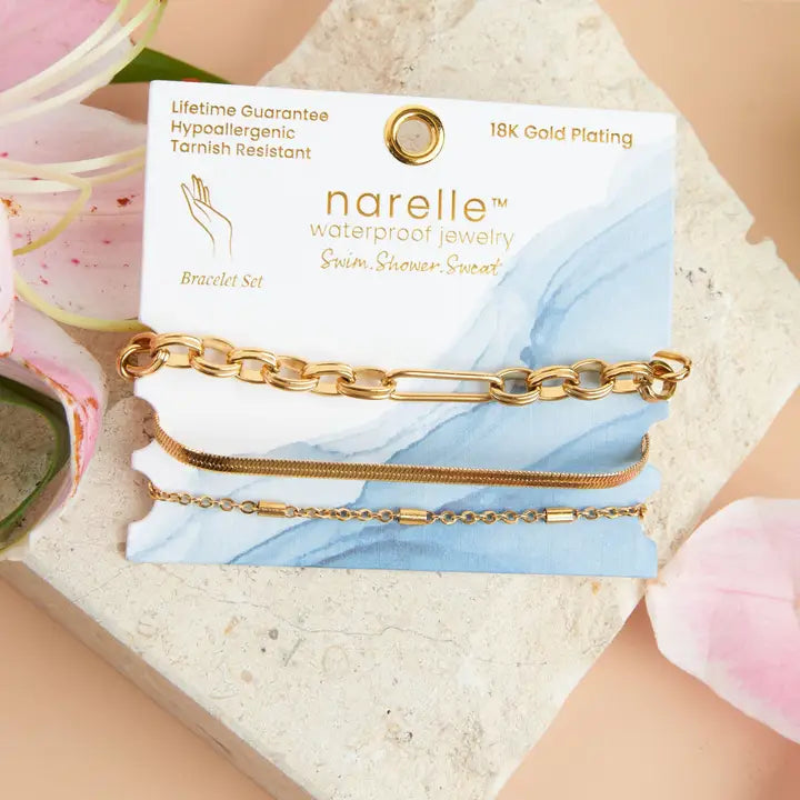 Multi Paper Clip, Snake and Dainty Chain Bracelet Set Extender" 11/2. L" 6 3/4 Narelle Waterproof Jewelry