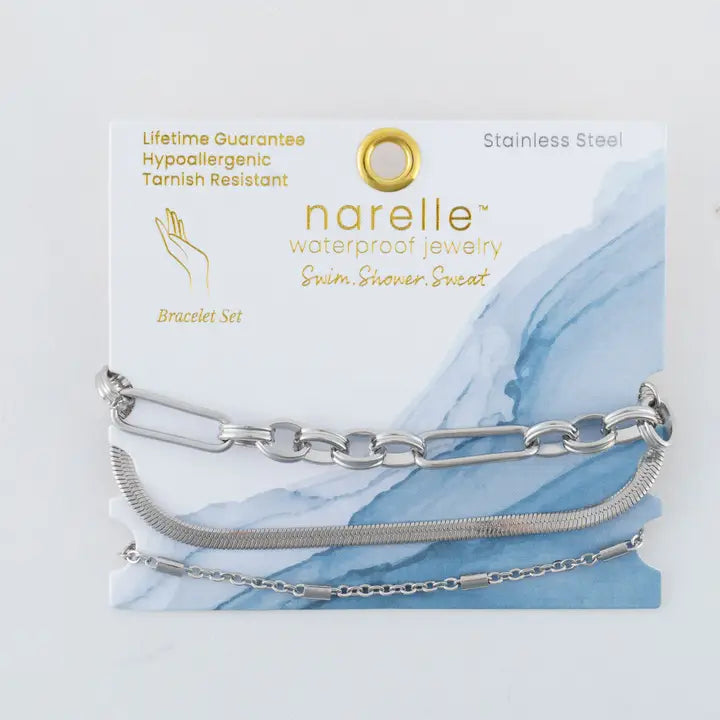 Multi Paper Clip, Snake and Dainty Chain Bracelet Set Extender" 11/2. L" 6 3/4 Narelle Waterproof Jewelry