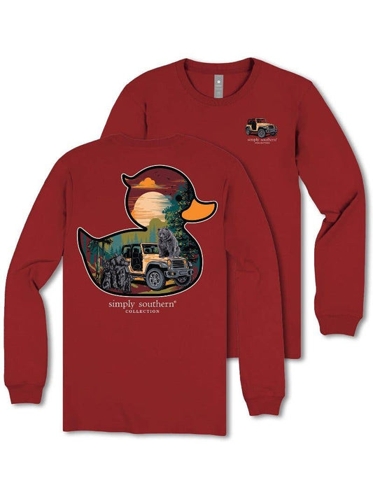 Rubber Duck Jeep Bear Scene YOUTH-LS-DUCKBEARS-CARMINE Red Long Sleeve Tee by Simply Southern