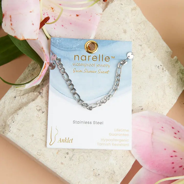 2 Rows Disc and Figaro Chain Anklet Si lver L" 8 1/2 Narelle Waterproof Jewelry