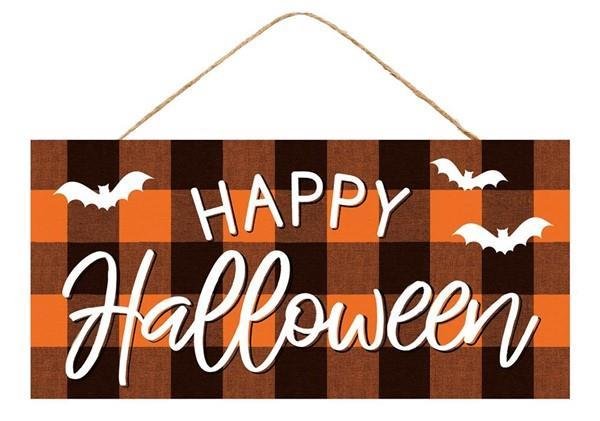 HAPPY HALLOWEEN CHECK SIGN BLACK/WHITE/ORANGE Ornament or Sign 12.5L X 6H
