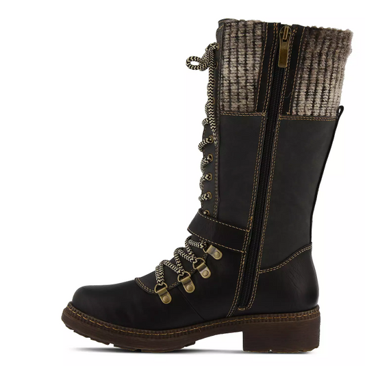 Ababi Black Water Resistant Vegan Leather and Knitted Tall Shaft Hiker Boot by Spring Step