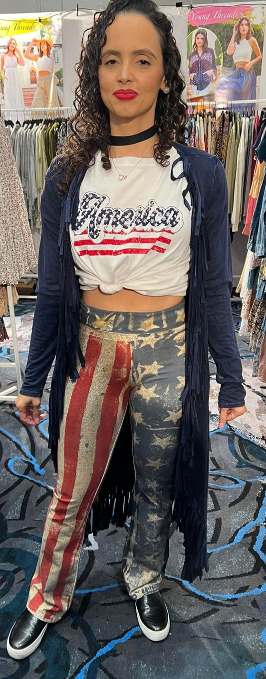 American Flag Batik Dye Stars And Stripes Fold Over Waistband Yoga Pant - T*Party