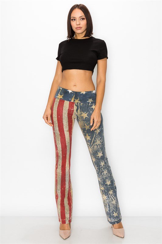 American Flag Batik Dye Stars And Stripes Fold Over Waistband Yoga Pant - T*Party
