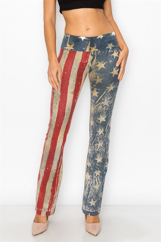 American Flag Batik Dye Stars And Stripes Fold Over Waistband Yoga Pant - T*Party
