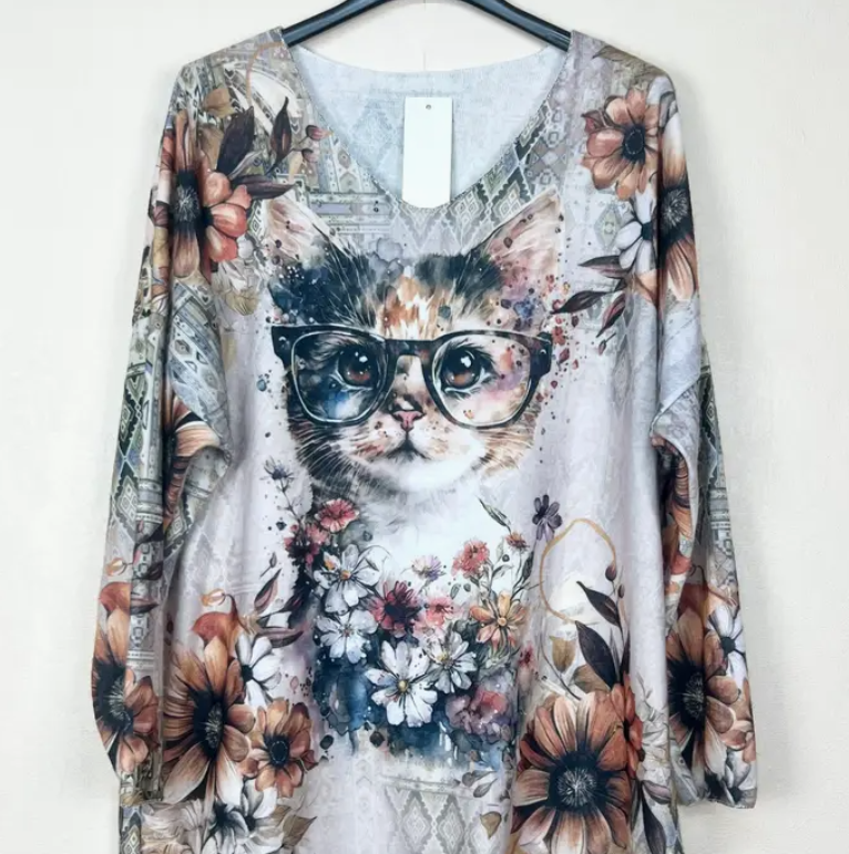 Cat in Glasses Floral Patterned V-Neck Sweater Long Sleeve One Size Fits Most - Made in Italy