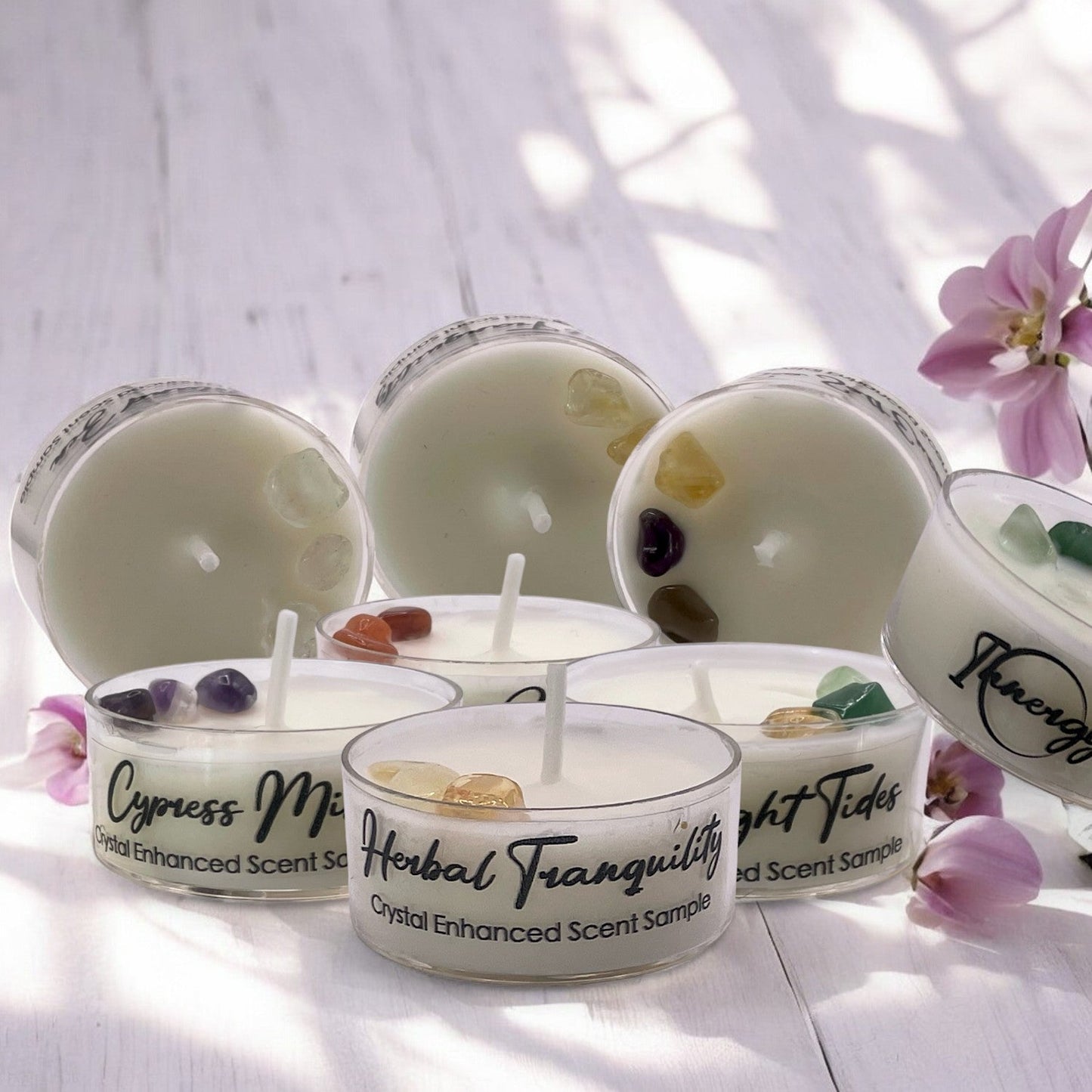 Herbal Tranquility, Premium Coconut-Soy Wax Tea Light Crystal Candle, 1oz
