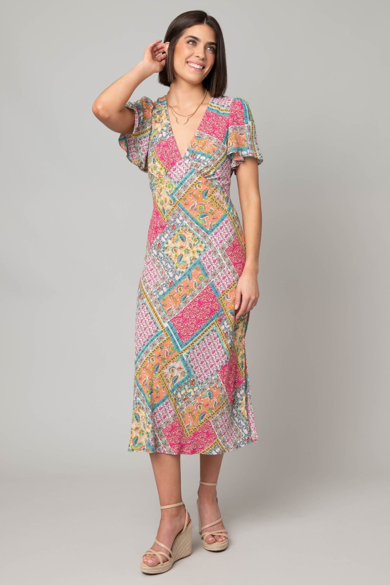 Georgette Patchwork V-Neck Maxi Dress Orange/Pink/Yellow by Emma & Michelle