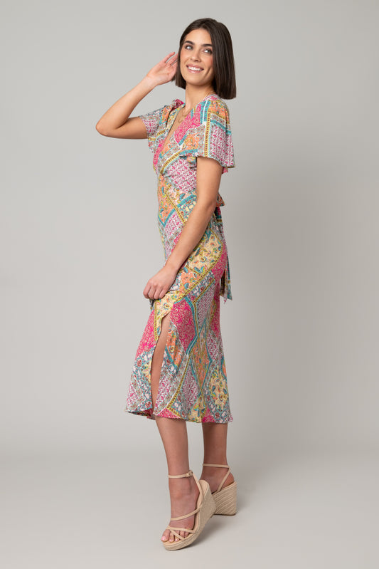 Georgette Patchwork V-Neck Maxi Dress Orange/Pink/Yellow by Emma & Michelle