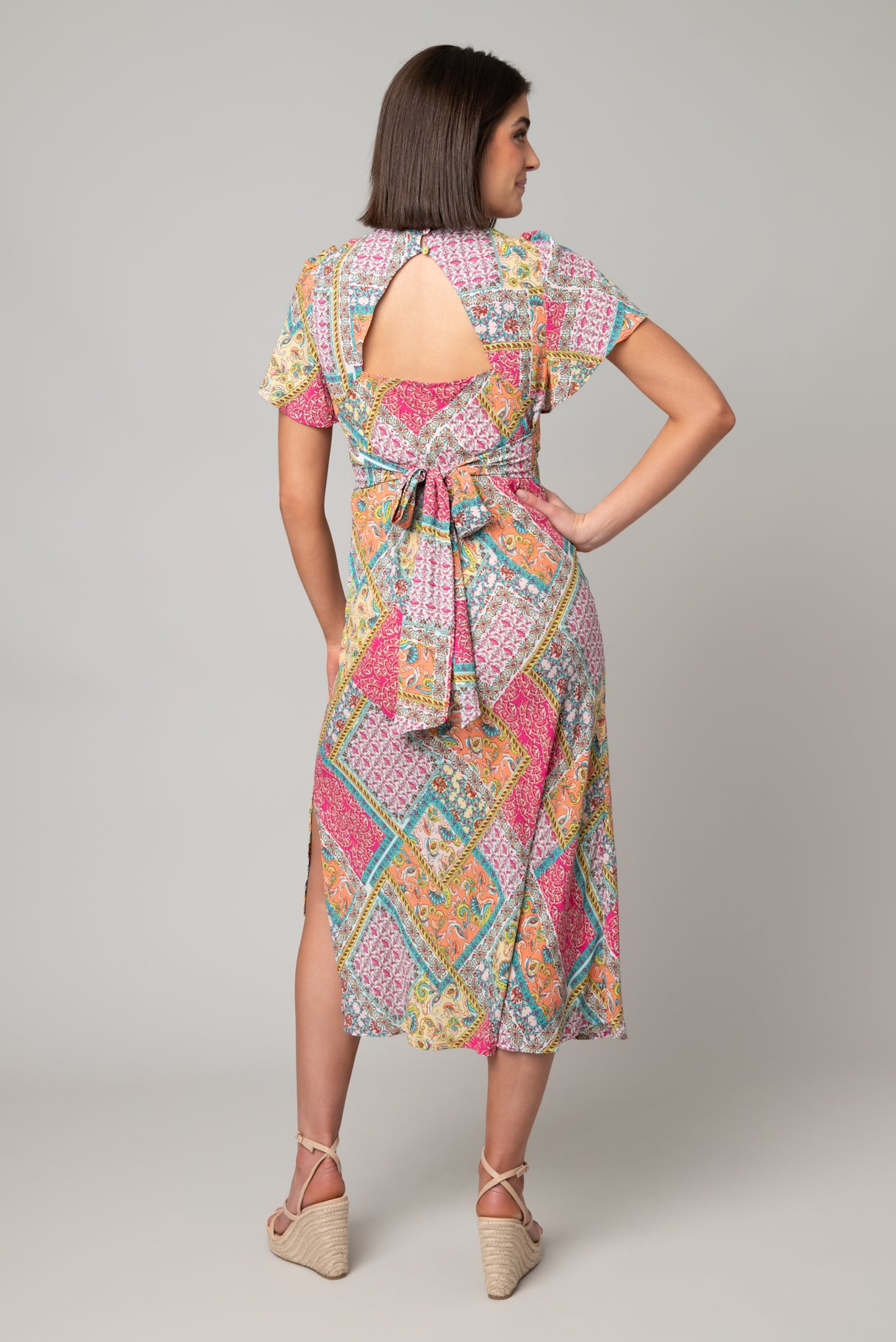 Georgette Patchwork V-Neck Maxi Dress Orange/Pink/Yellow by Emma & Michelle