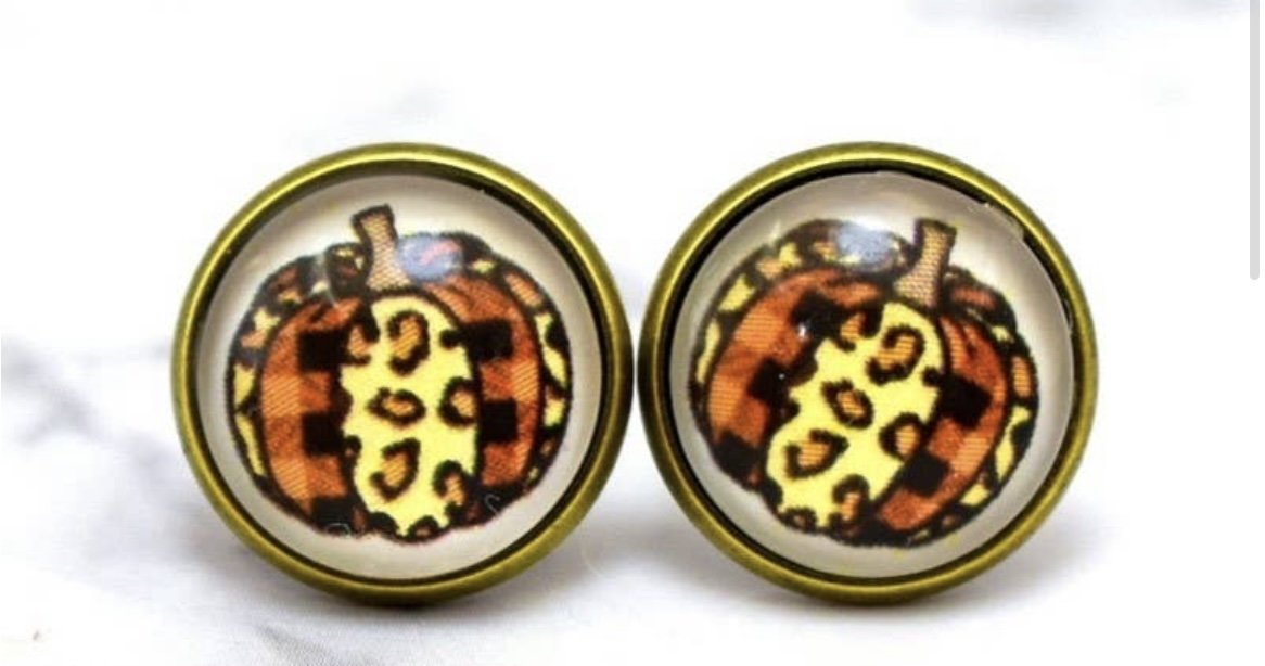Leopard Plaid Pumpkin Photo Stud Earrings