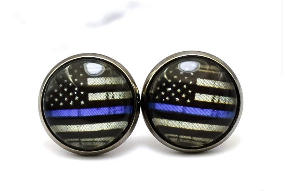 Thin Blue Line Distressed Flag Photo Stud Earrings