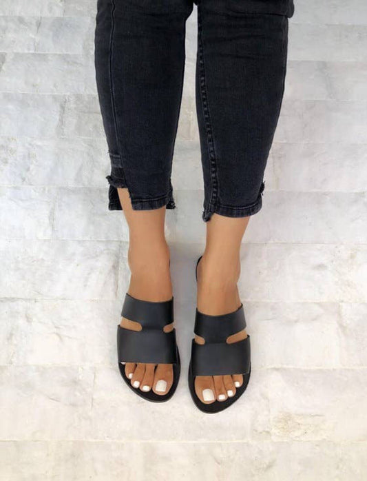 Black 100% Genuine Leather Slides