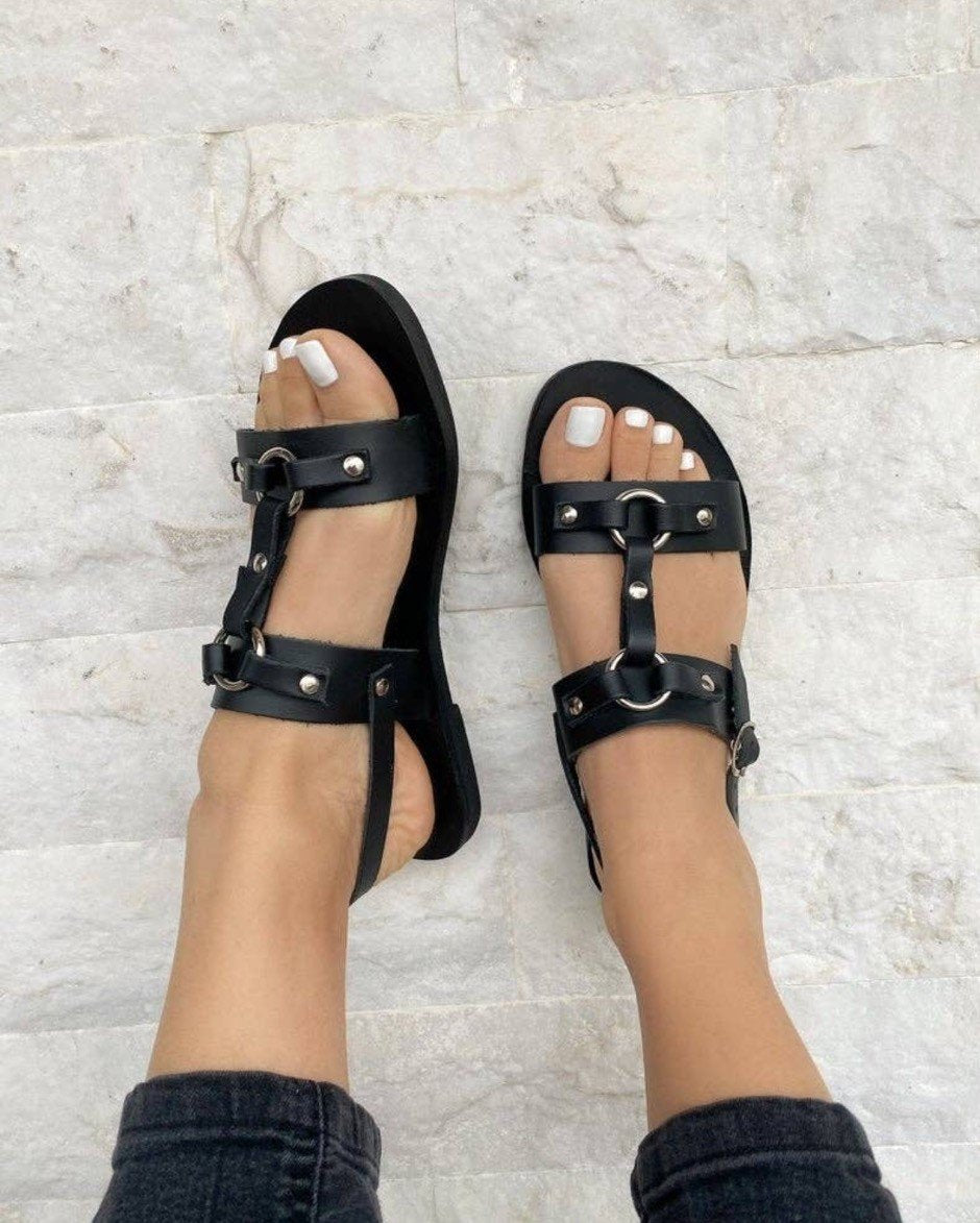 Black w/ Silver Gladiator 100% Greek Leather Sandals