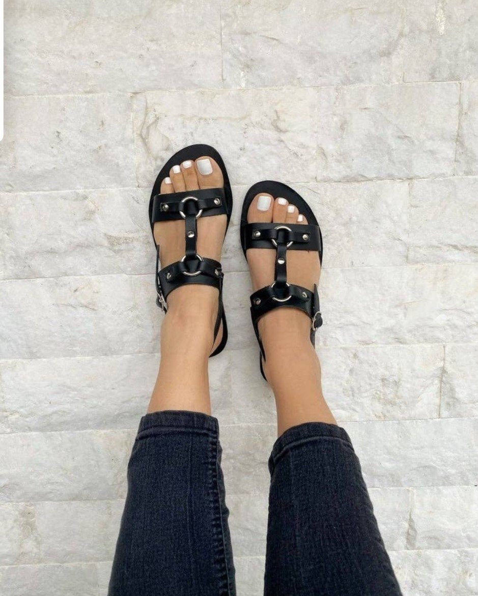 Black w/ Silver Gladiator 100% Greek Leather Sandals