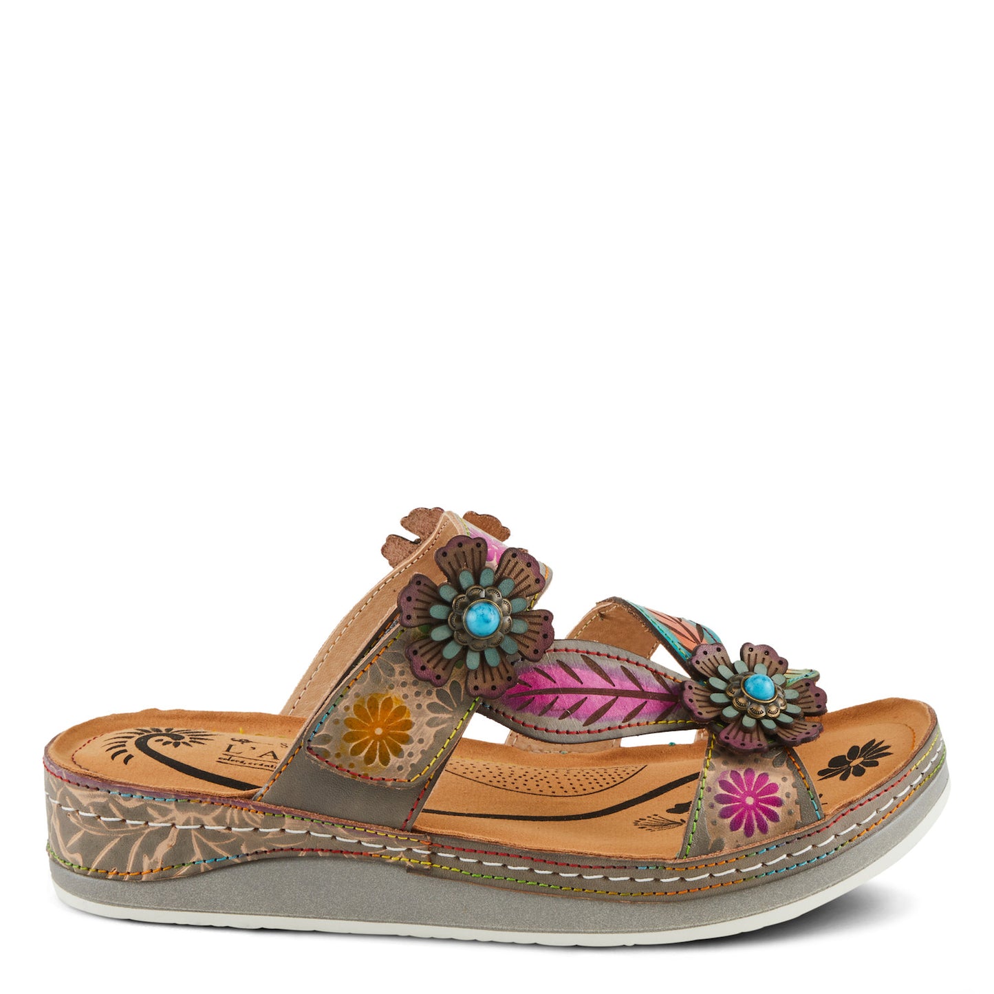 Floral Embellished Pillow-soft Grey Multi Leather Sandal by L`ARTISTE