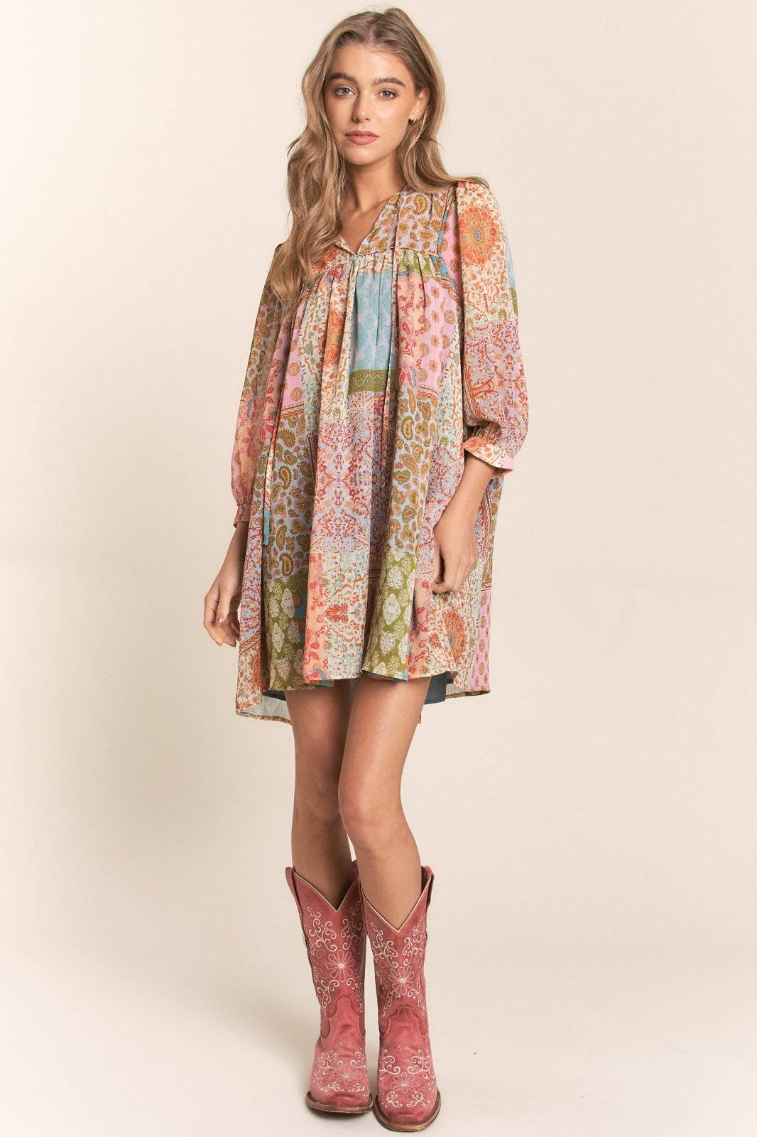 Multi Print Long Sleeve Chiffon Spring Boho Dress by J.NNA