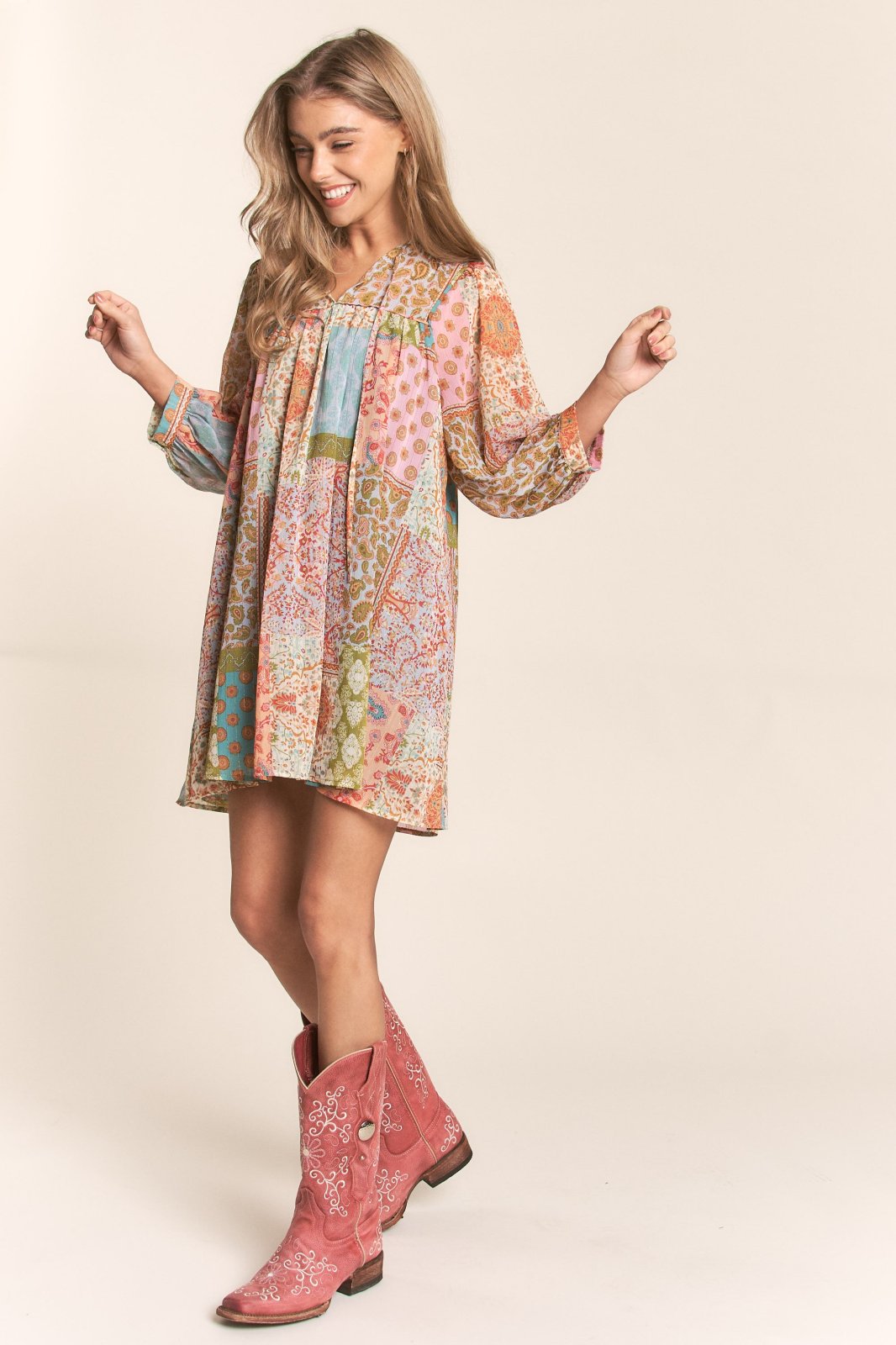 Multi Print Long Sleeve Chiffon Spring Boho Dress by J.NNA