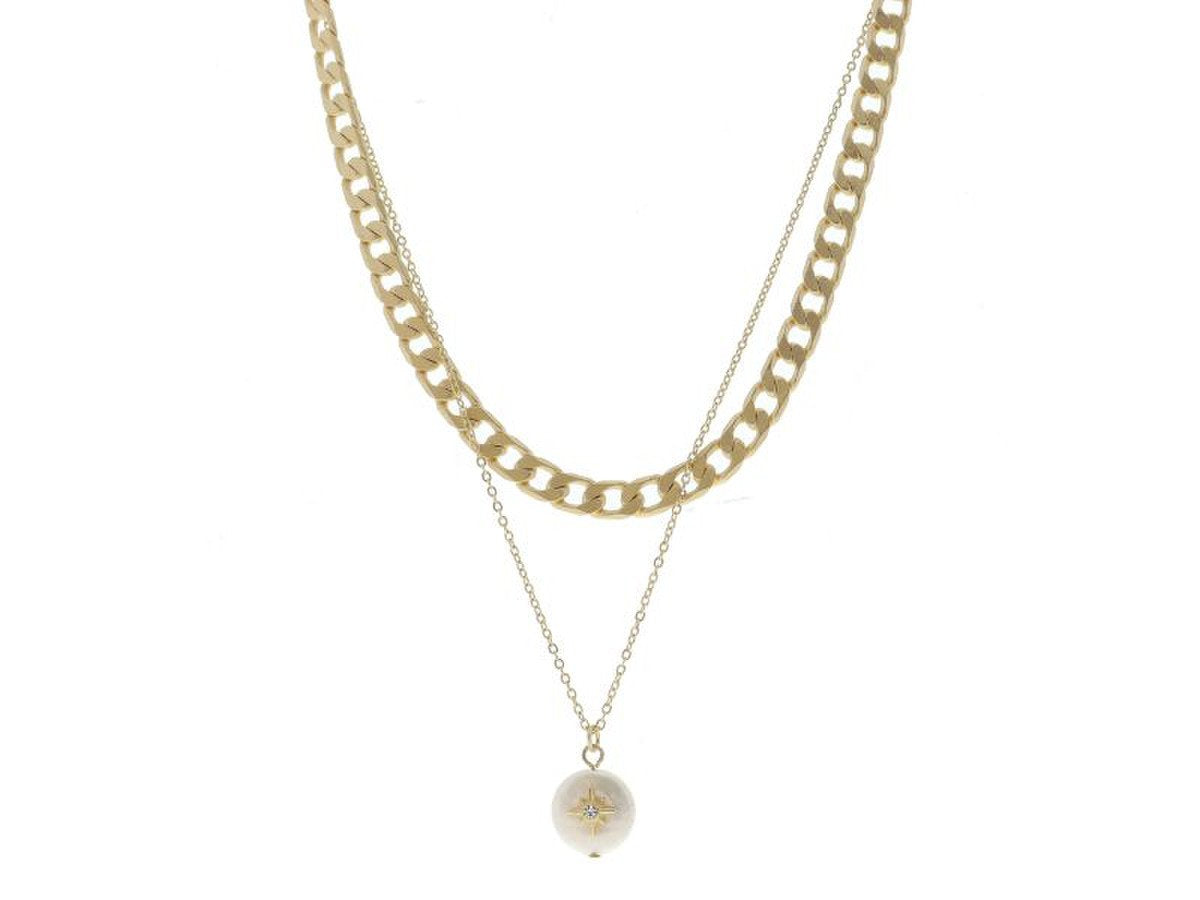 2 STRAND CURB CHAIN CABLE CHAIN WITH PEARL AND CRYSTAL STAR NECKLACE by Jane Marie