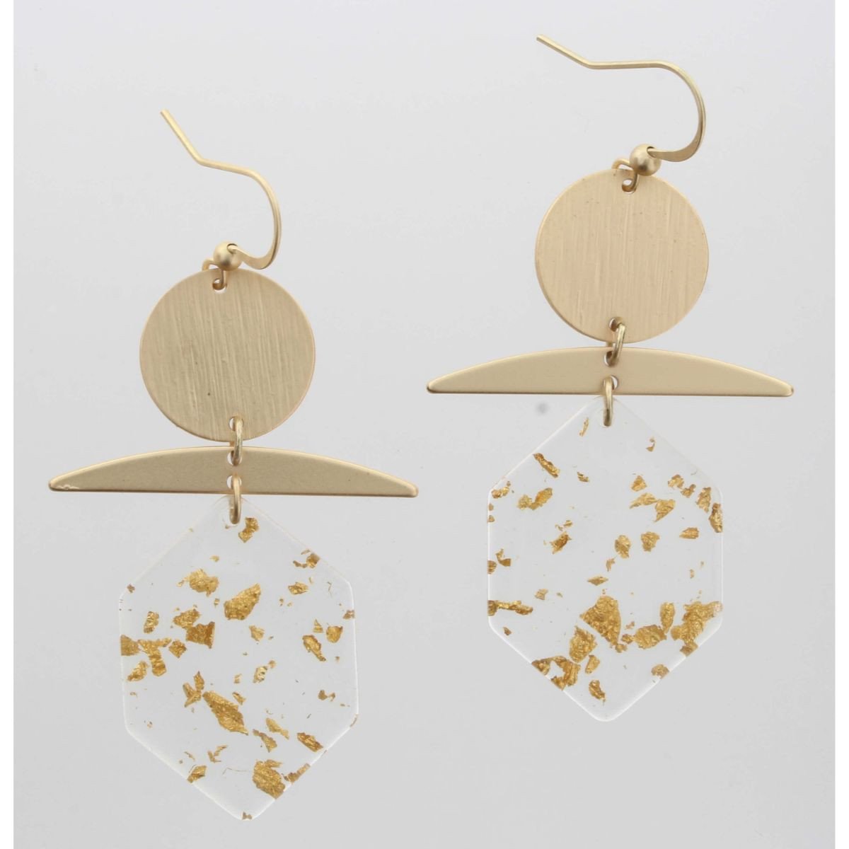 GOLD DISK WITH BAR & CLEAR WITH GOLD FLECK HEXAGON EARRING by Jane Marie